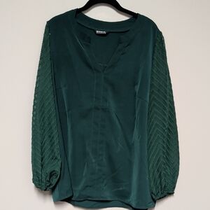 BloomChic Forest Green Blouse with Textured Sleeves